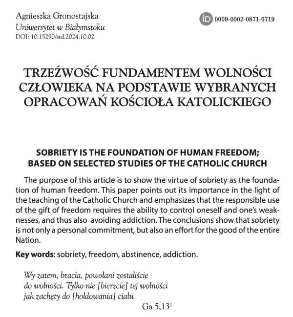 Artykuł naukowy: Trzeźwość fundamentem wolności człowieka na podstawie wybranych opracowań Kościoła Katolickiego